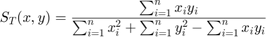 $$S_T(x,y) = \frac{\sum_{i=1}^n x_i y_i}{\sum_{i=1}^n x_i^2 + \sum_{i=1}^n y_i^2 - \sum_{i=1}^n x_i y_i} $$